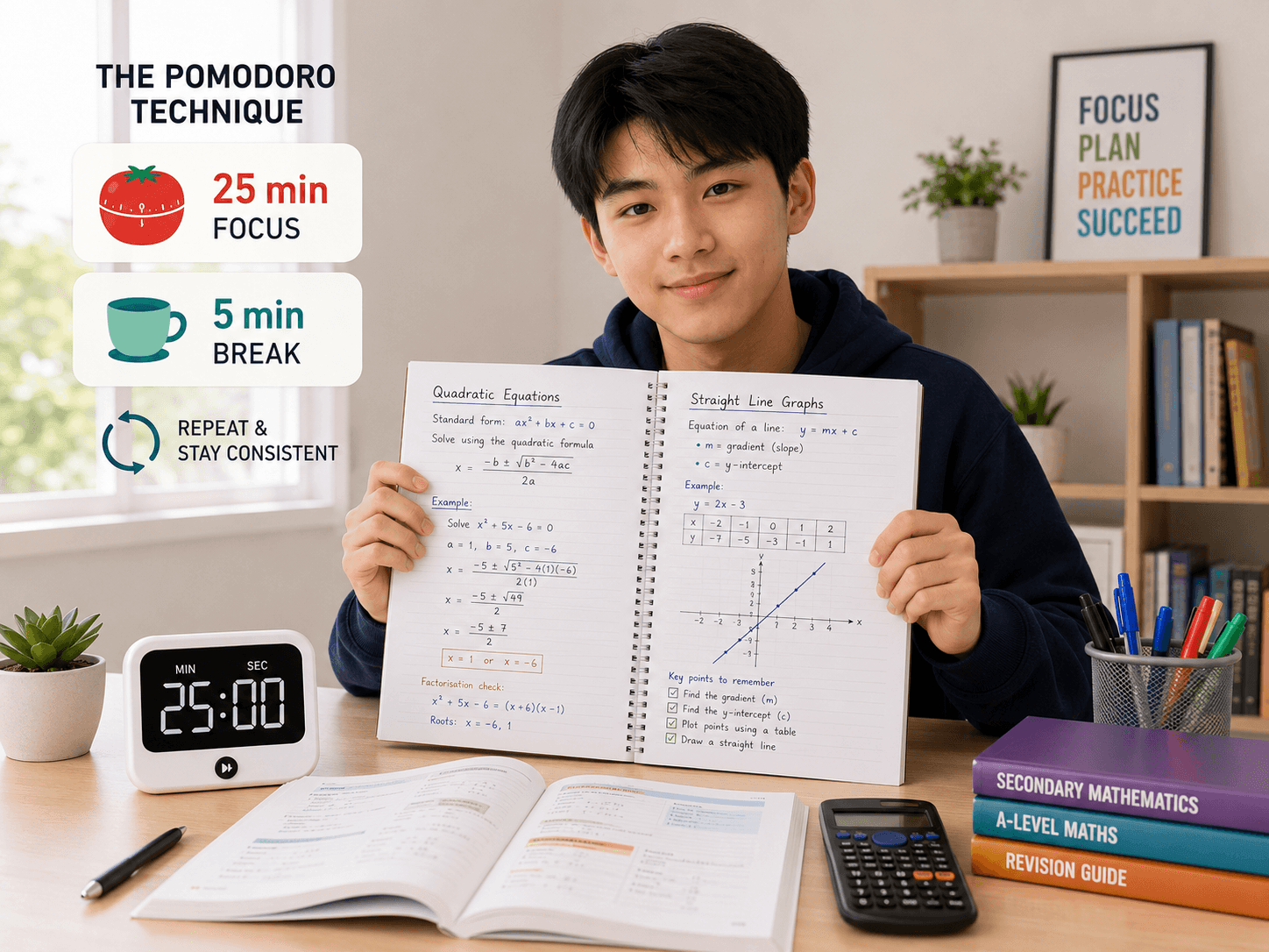 Pomodoro technique Secondary Maths revision using 25 minute study blocks and short breaks