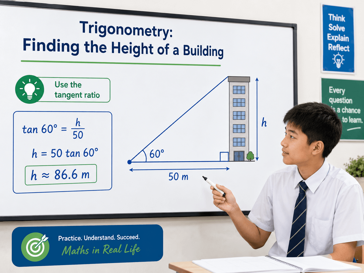 trigonometry height Secondary Maths question using tangent ratio to find building height