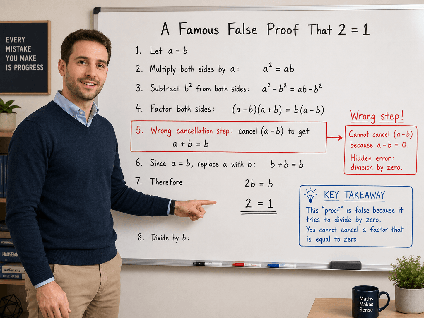2 equals 1 proof explained with the hidden algebra error on a whiteboard