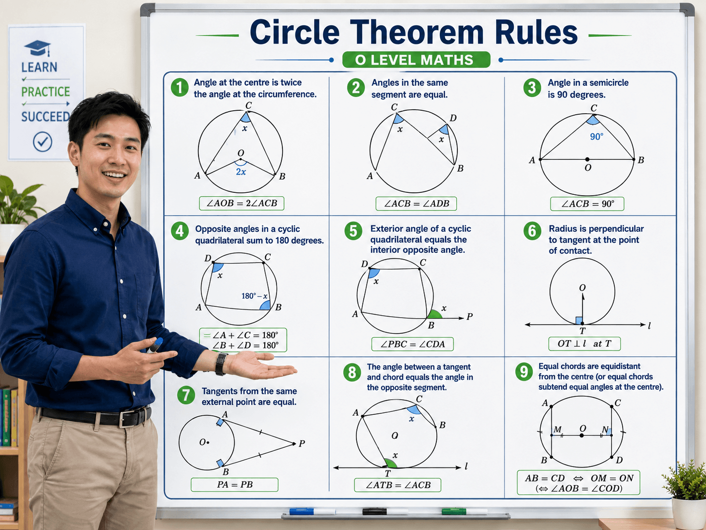 circle theorem rules for O Level Maths explained using nine labelled geometry diagrams