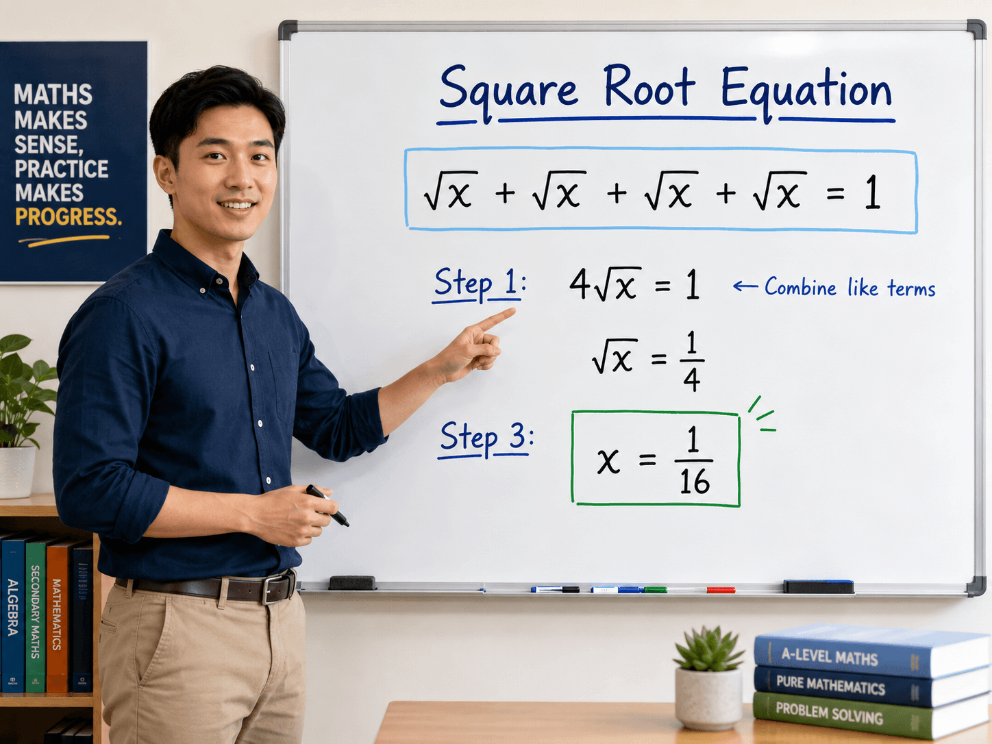 square root equation solved step by step from four square root x terms to x equals one over sixteen