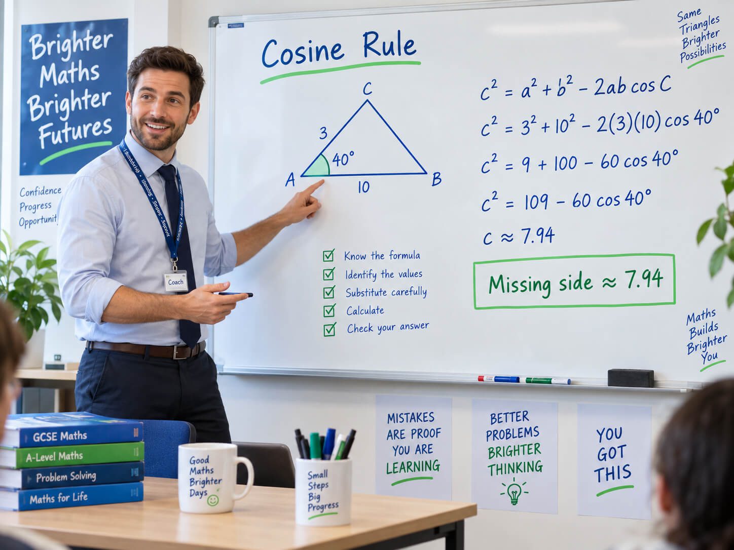 cosine rule explained step by step to find a missing side in a triangle
