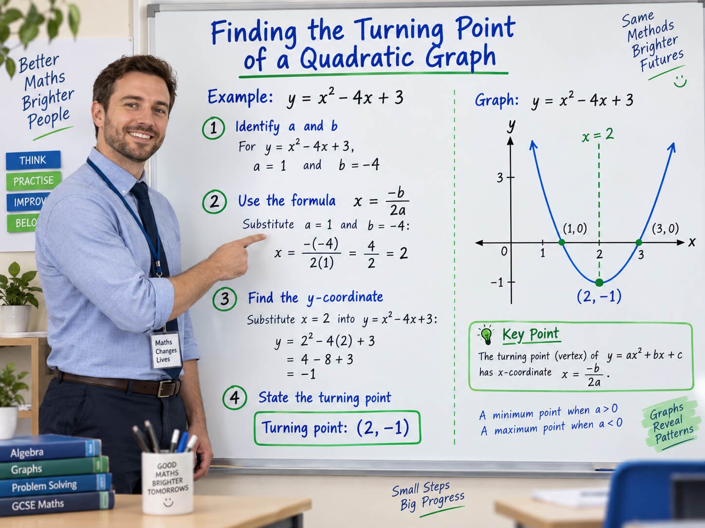 quadratic turning point explained using x equals negative b over 2a for Secondary Maths
