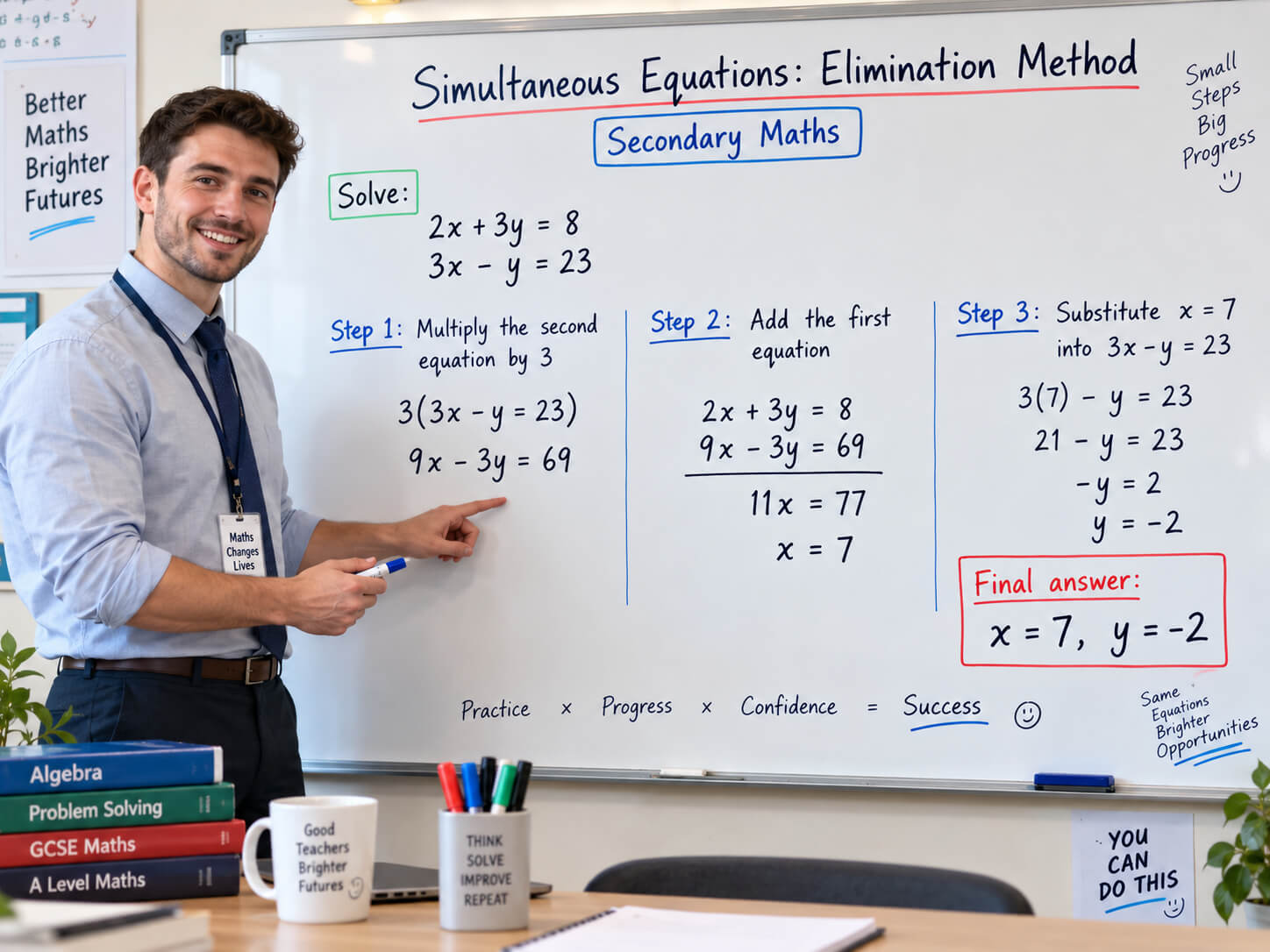 simultaneous equations solved step by step using the elimination method for Secondary Maths